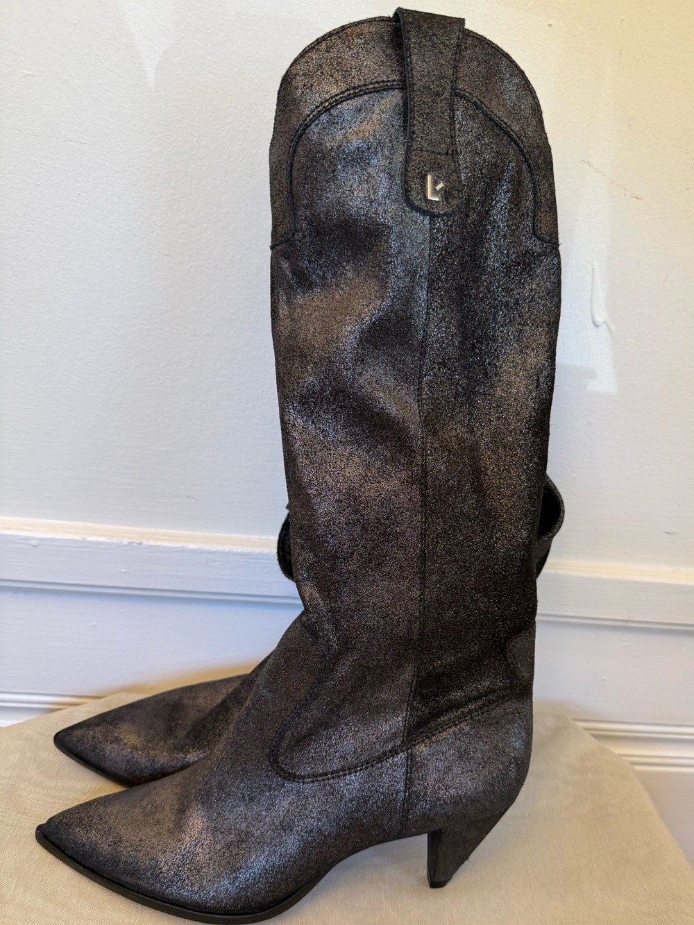 Larroude Louise Graphite Metallic Suede Cowboy Western Boots US 9